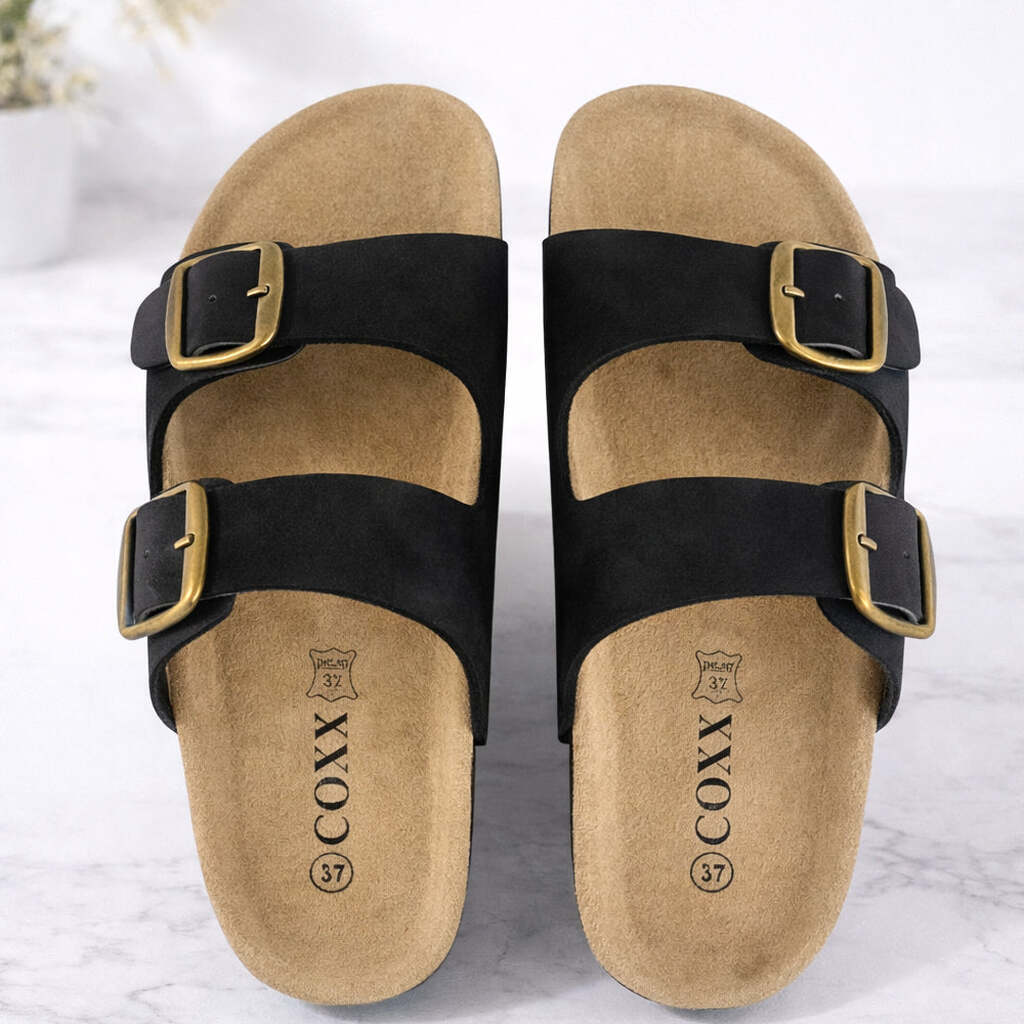 Bio sandaler i læder  -  med skålet hæl og tågreb - brune eller sorte - - Sort str. EU 45