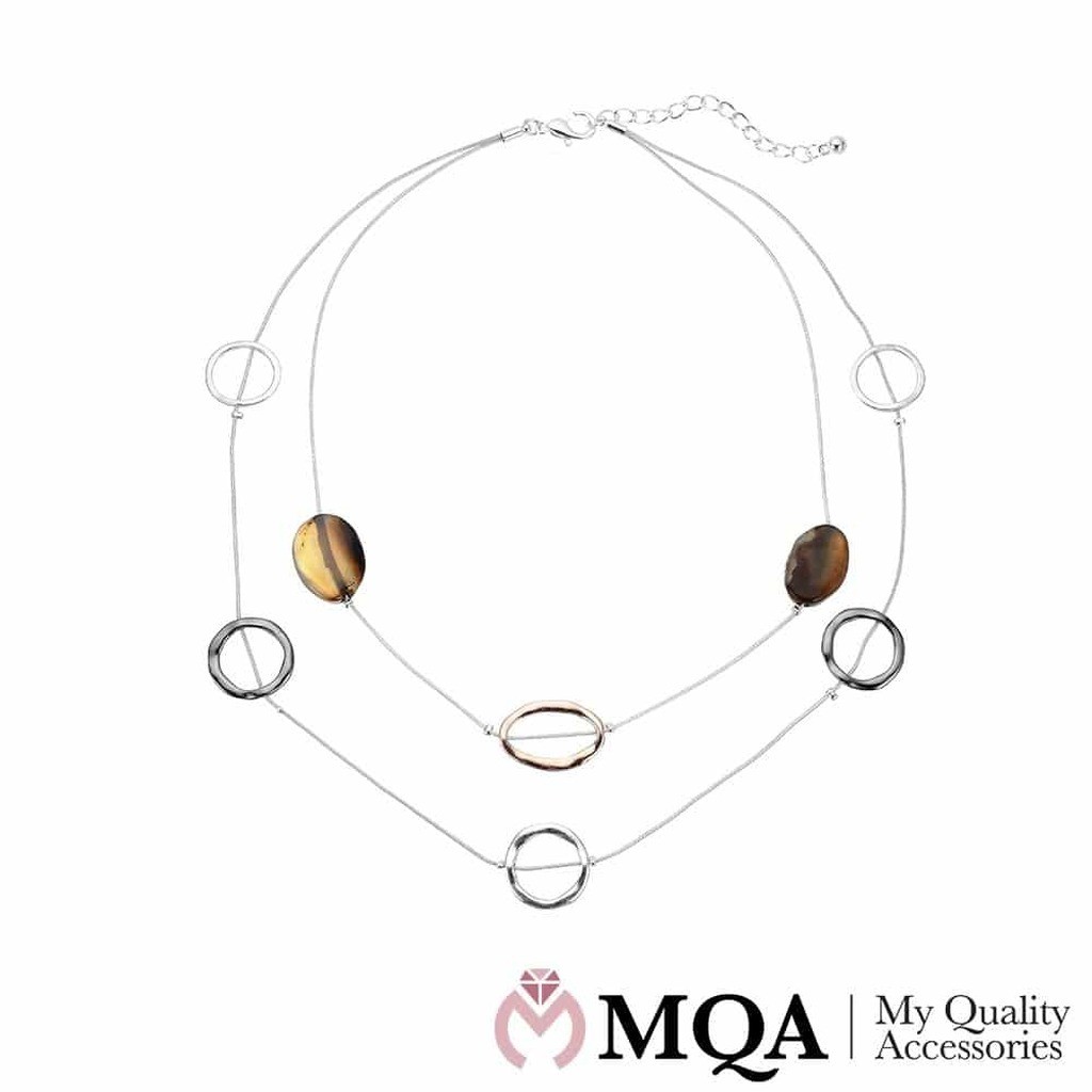 Halskæde sølvfarvet, dobbelt, sten og ringe, justerbar