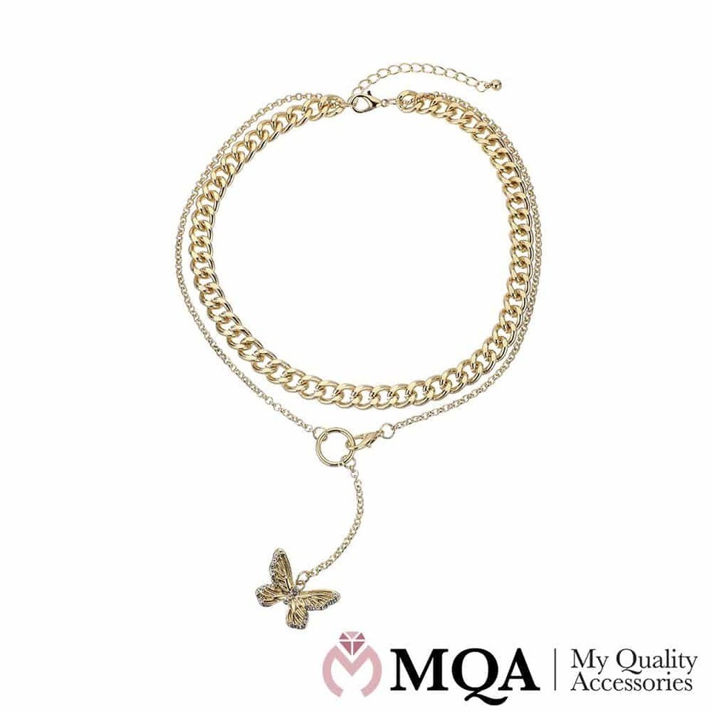 Halskæde guldfarvet, dobbelt, m/sommerfugl med glitrende sten, justerbar