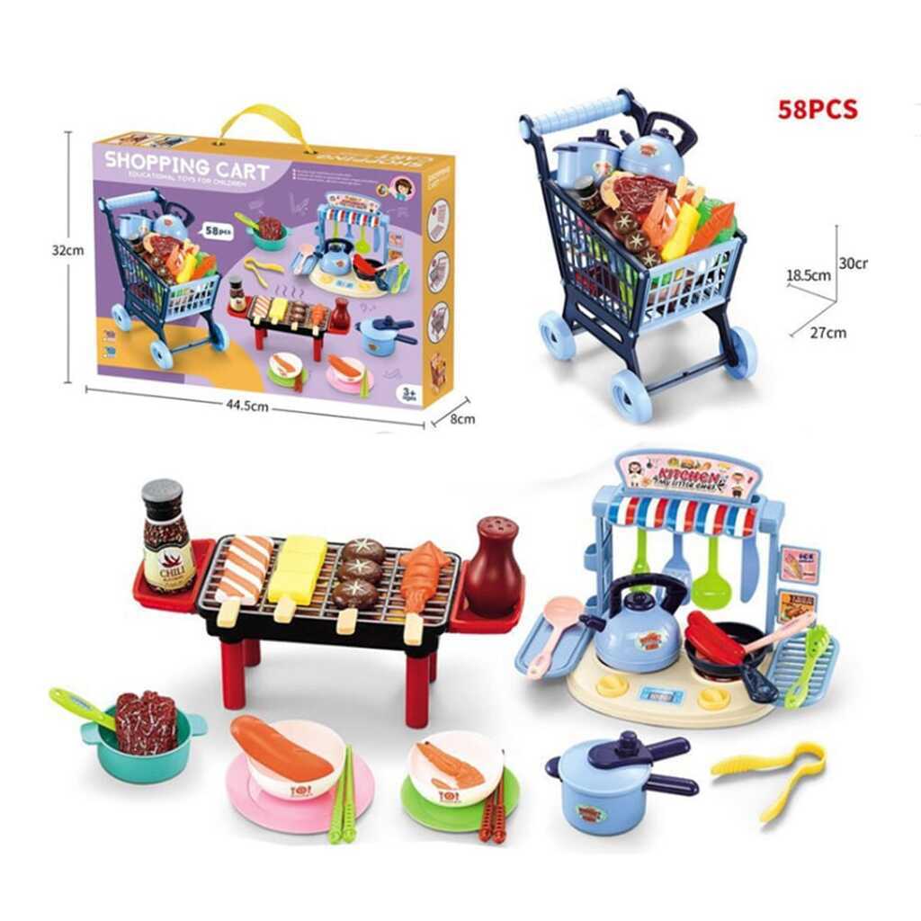 Indkøbsvogn, minikøkken og grill - Blå eller lyserød - 58 sjove dele - - Lyserød