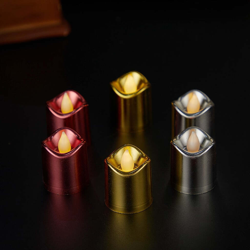 LED lys i plastik - 6 stk. sampak - Ø3,7 x 4,5 cm - Rød-Sølv-Guld (2 røde, 2 sølv, 2 guld)