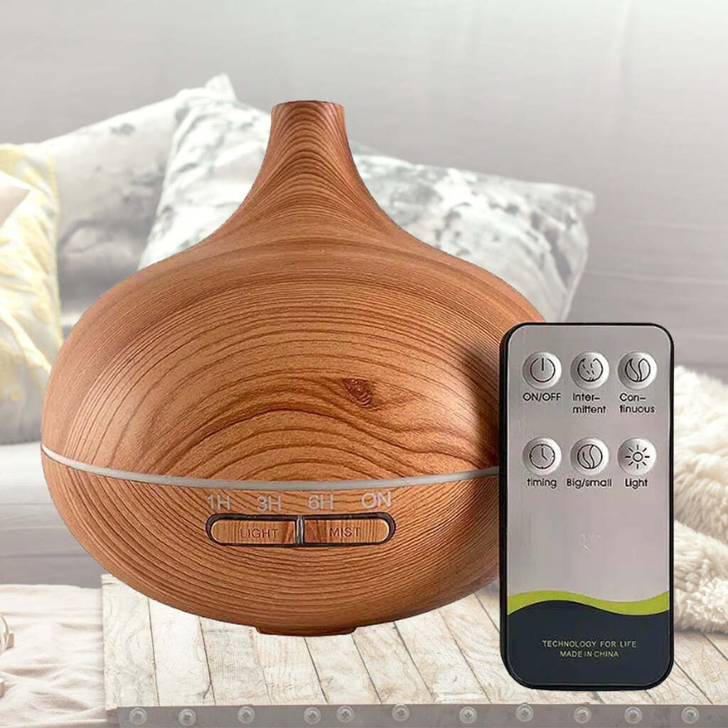 Aroma Diffuser - Stilren og smuk  -  300 ml. (fås med aroma oliekit) - Lysebrun inkl. Aromakit Jasmin, Lavendel, Lemongræs, Rose