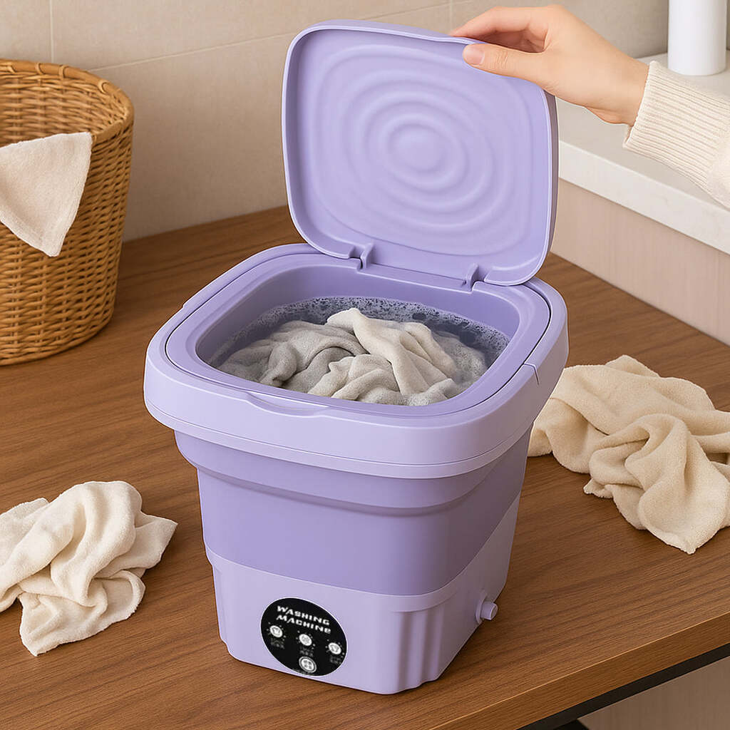 Bærbar & Sammenklappelig Vaskemaskine med Tørrefunktion - Lilla