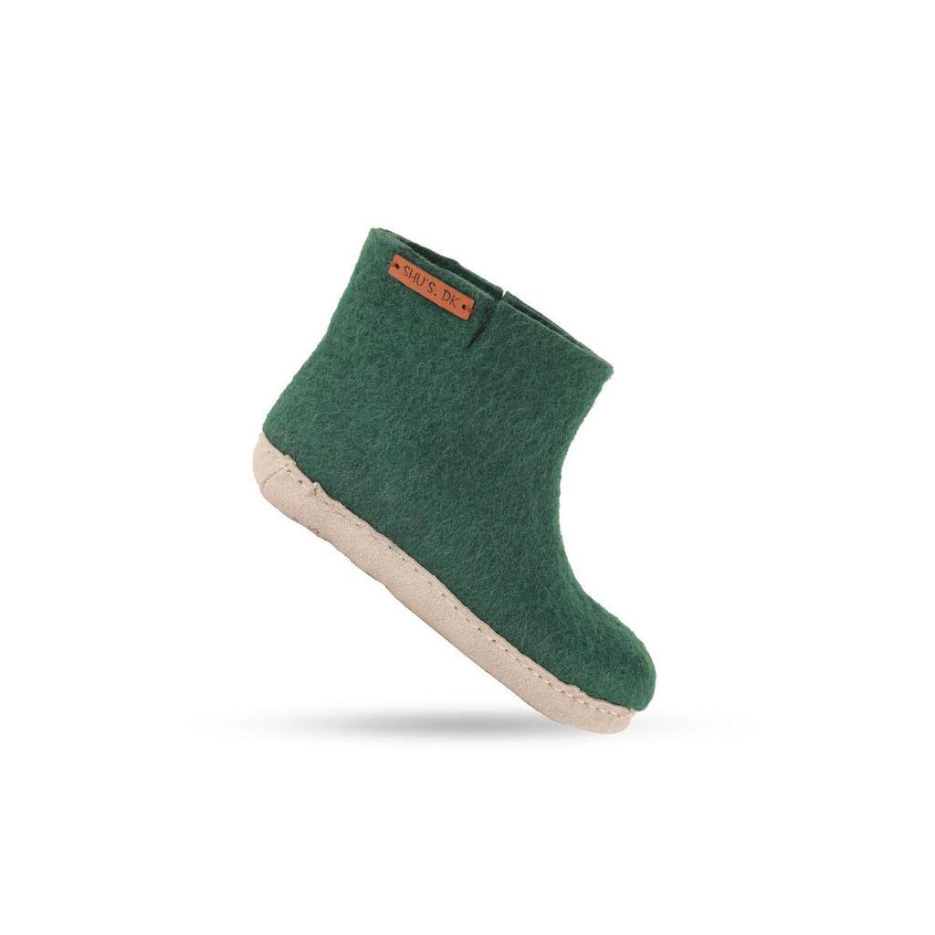 Uldstøvle Børn (100% ren uld)  m/sål i skind - Dansk Design fra SHUS - groen / 28