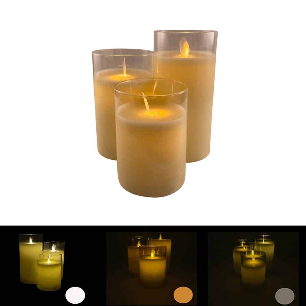 LED stearinlys i glas - 3 stk. - 12/15/17 cm - m/3D flamme - (flere farver) - Guld