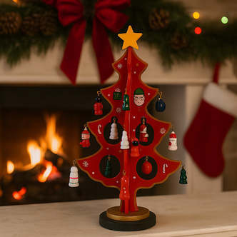 Juletræer i træ  -  hver med 20 håndmalede figurer, rød eller grøn (Højde 25,5 cm.) - Grøn