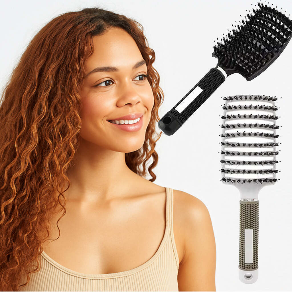 Anti-filt hårbørste m. vildsvinehår  -  skånsom til vådt og tørt hår - Sort