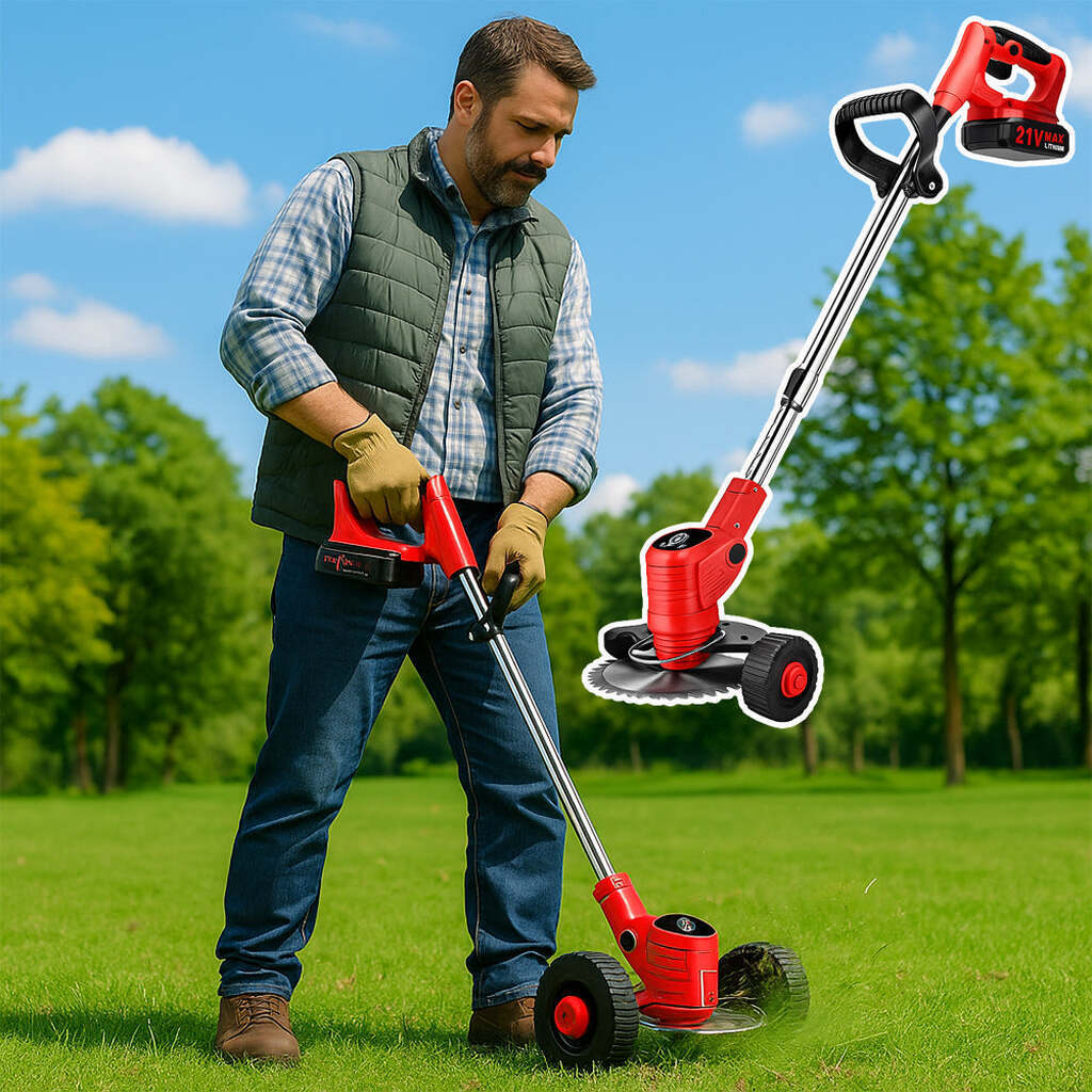 Græstrimmer & kantklipper m/hjul med teleskopskaft & batteri