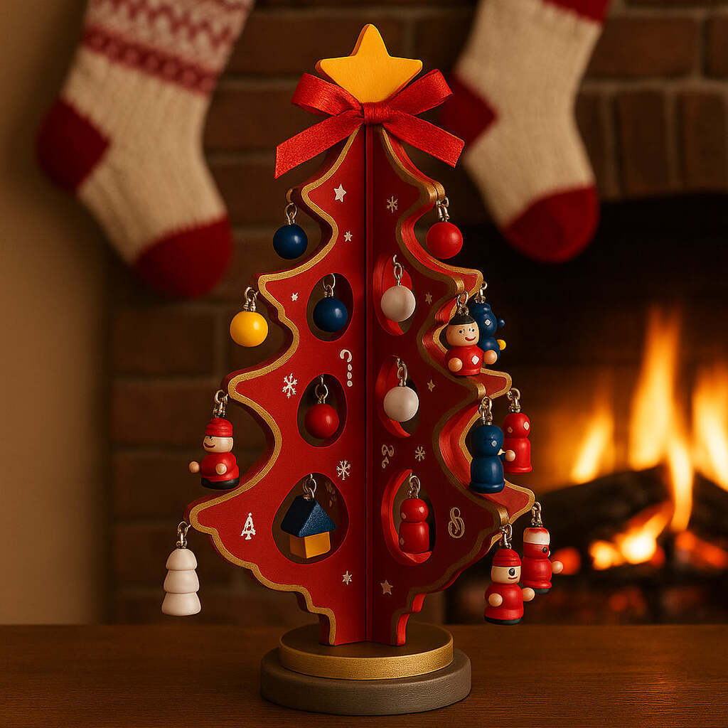 Juletræer m/sløjfe i træ  -  hver med 20 håndmalede figurer, rød eller grøn (Højde 20,5 cm.) - Rød