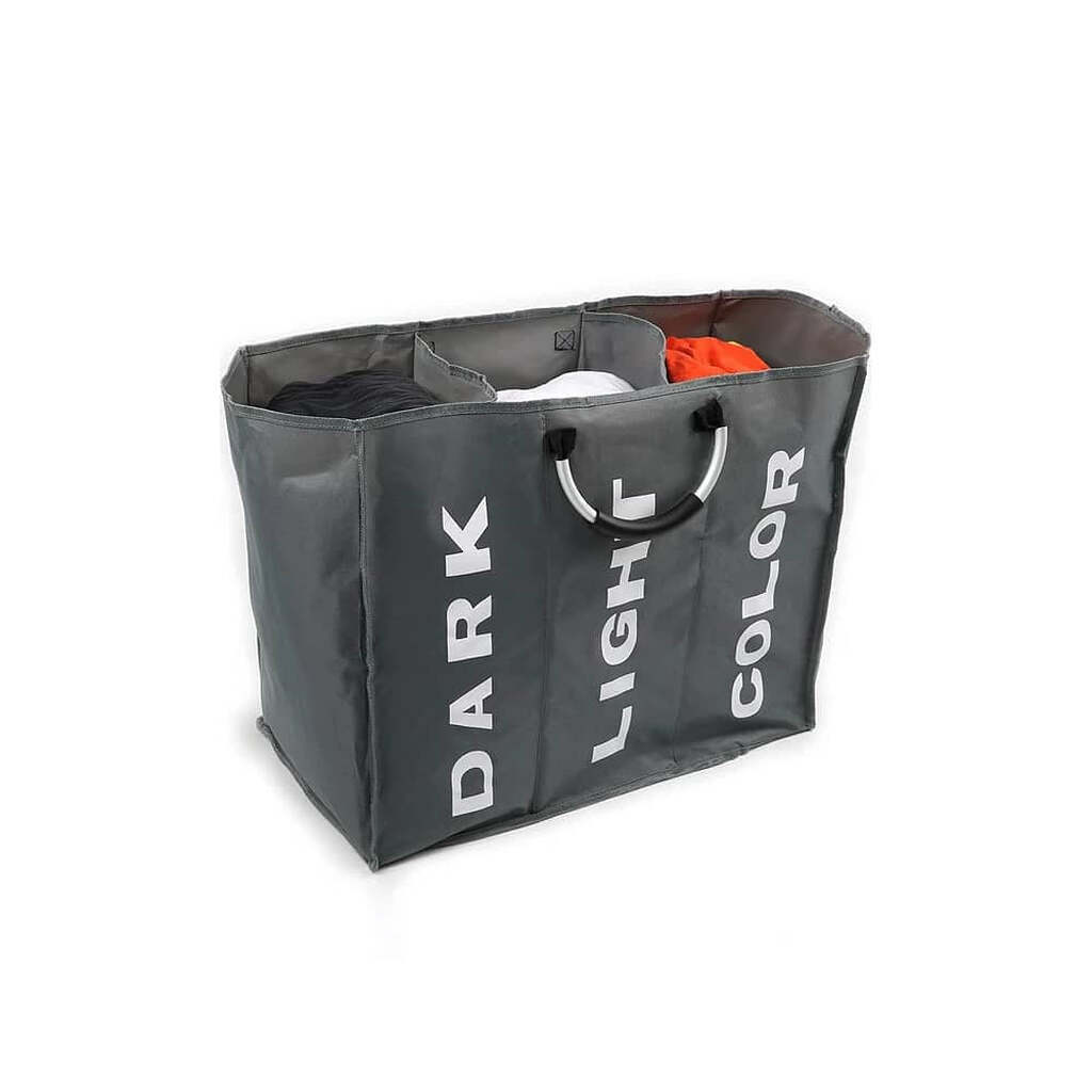 Vasketøjskurv 3 rum - foldbar med håndtag - sort, grå eller lysegrå - - Grå