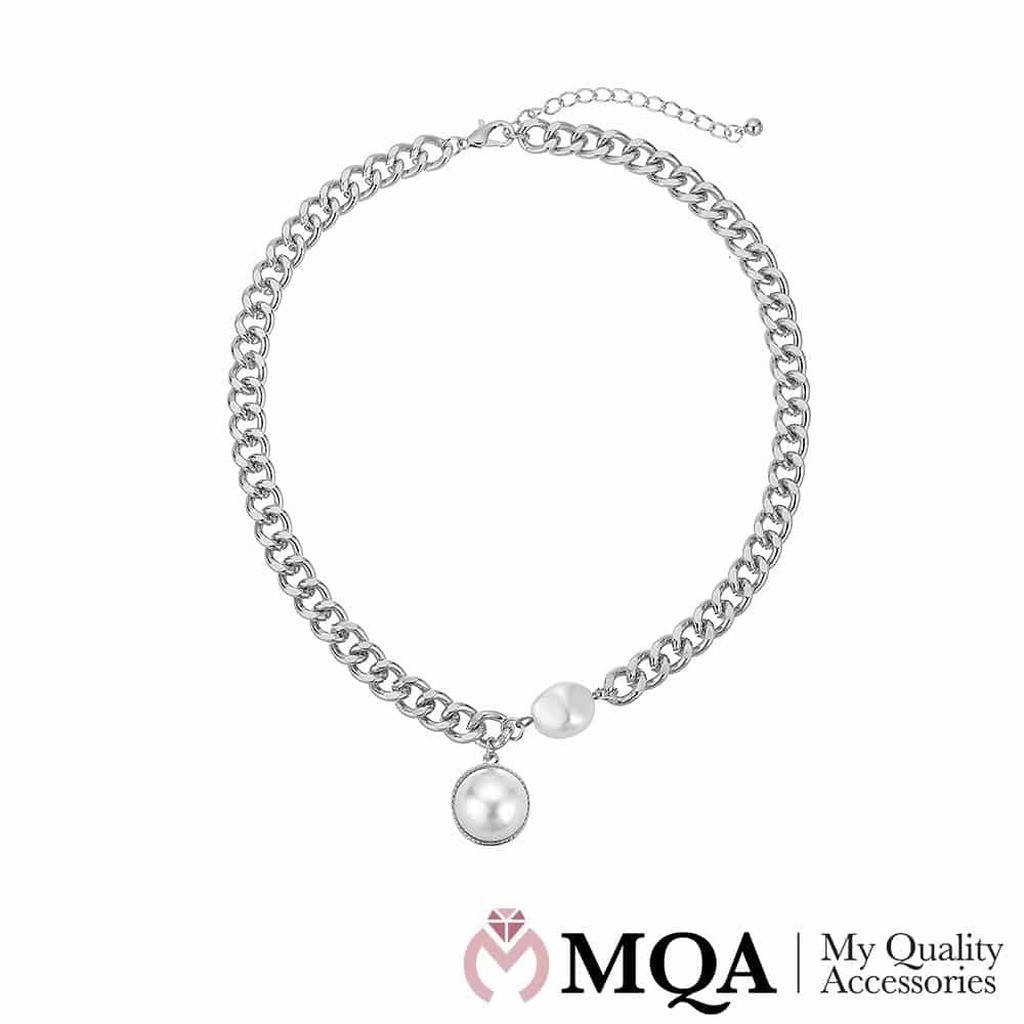 Halskæde sølvfarvet, sten, vedhæng m/halv perle, justerbar