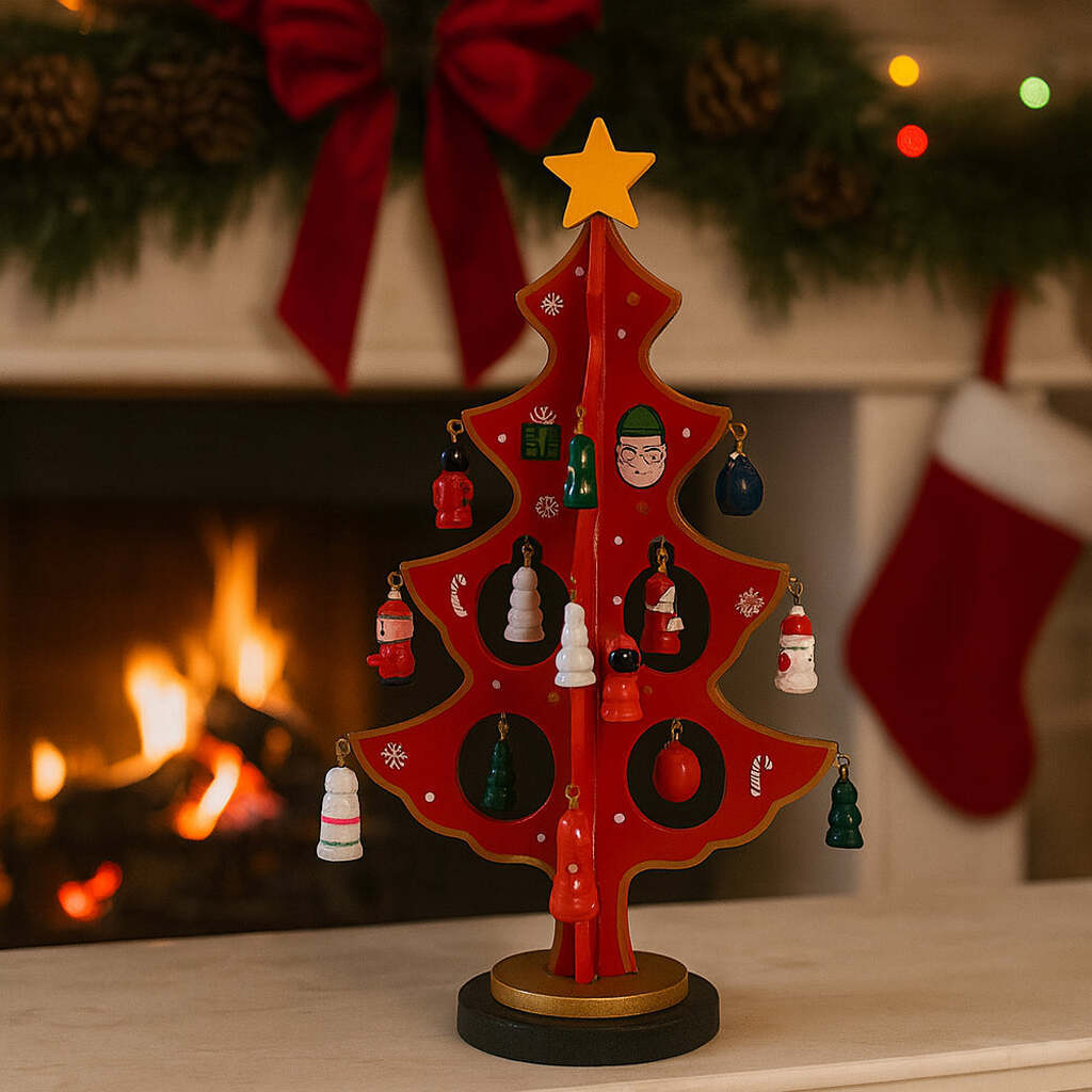 Juletræer i træ  -  hver med 20 håndmalede figurer, rød eller grøn (Højde 25,5 cm.) - Rød