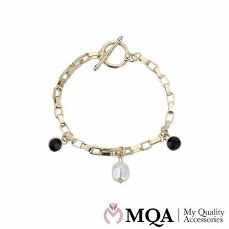 Armbånd, guldfarvet, perler, hjerte, toggle lås