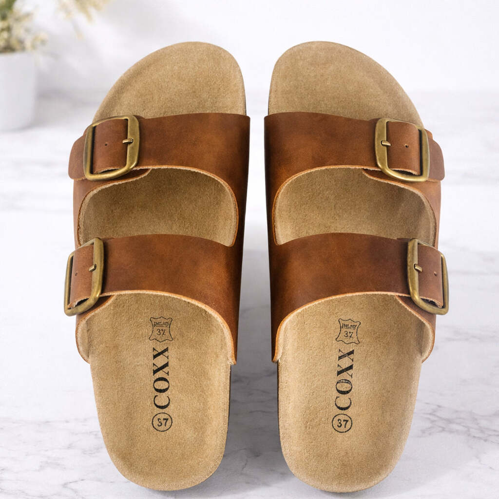 Bio sandaler i læder  -  med skålet hæl og tågreb - brune eller sorte - - Brun str. EU 44