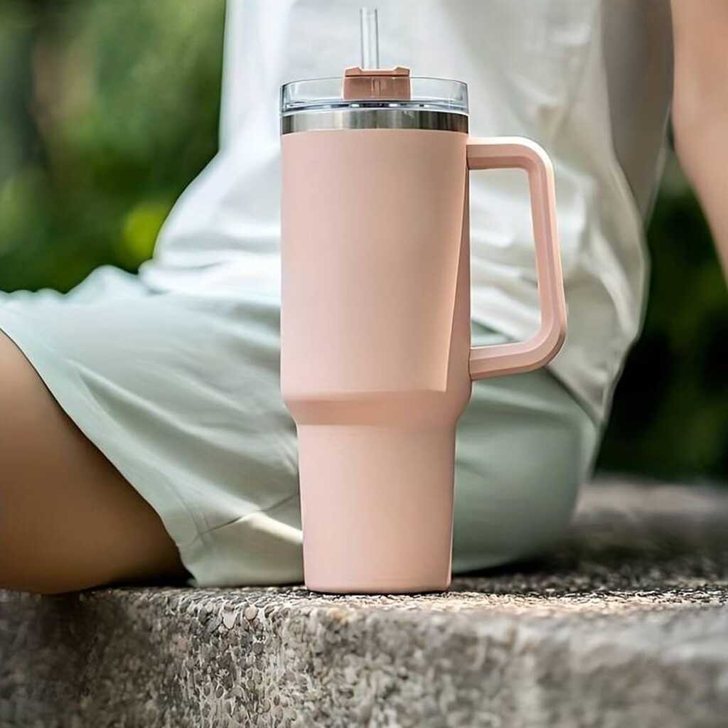 Tumbler termokop 1200 ml med håndtag, låg og sugerør (perfekt til kold/varm drikke) - Baby pink