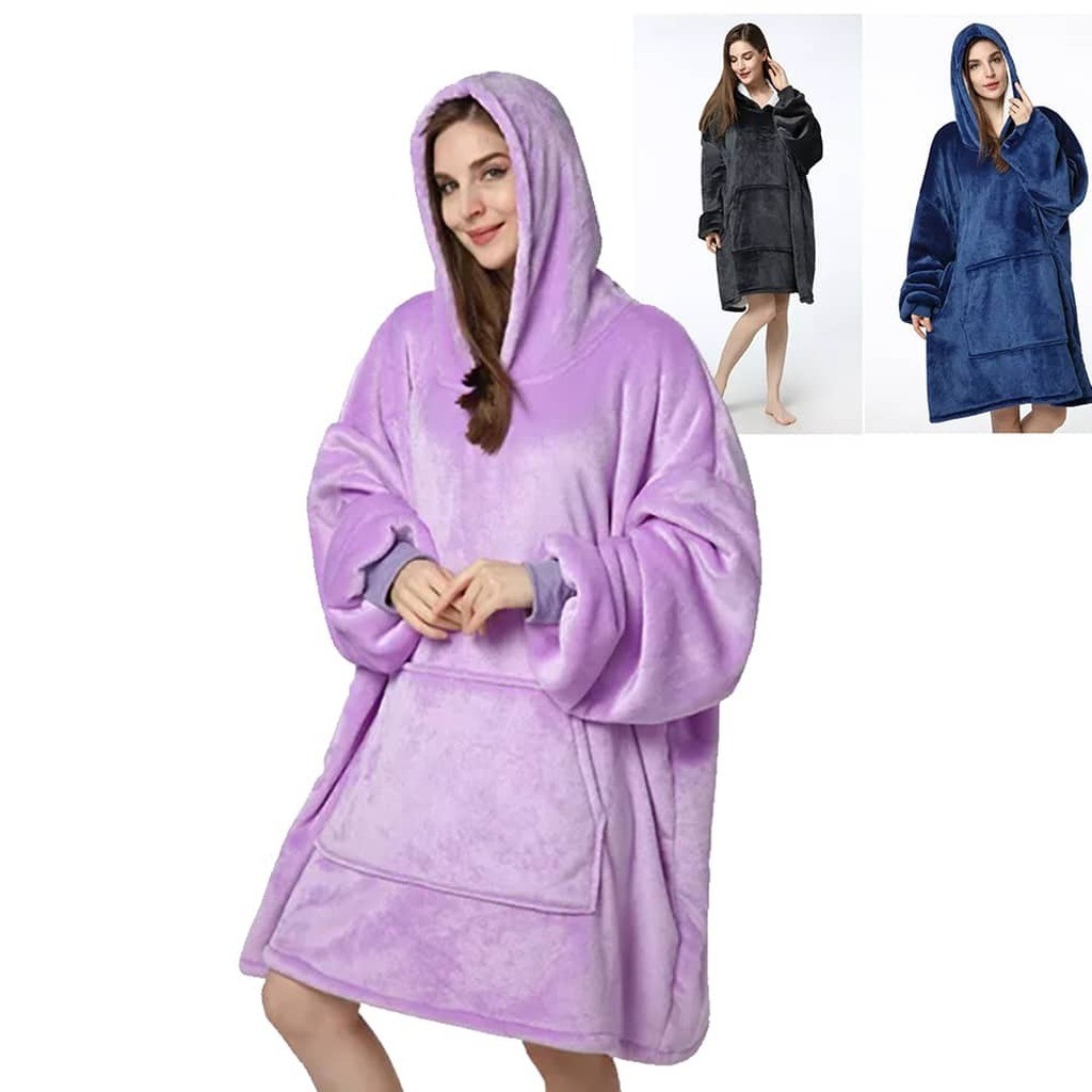 Hyggeplaid med ærmer, hætte & lomme - 200 x 150 cm - Lilla