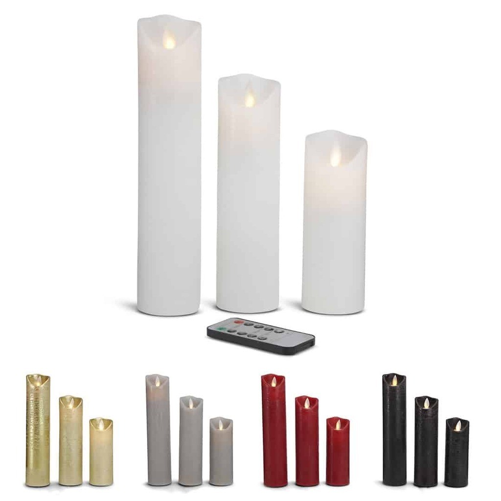 LED stearinlys - 3 stk. - 15/20/25 cm - m/3D flamme - (flere farver) - Hvid