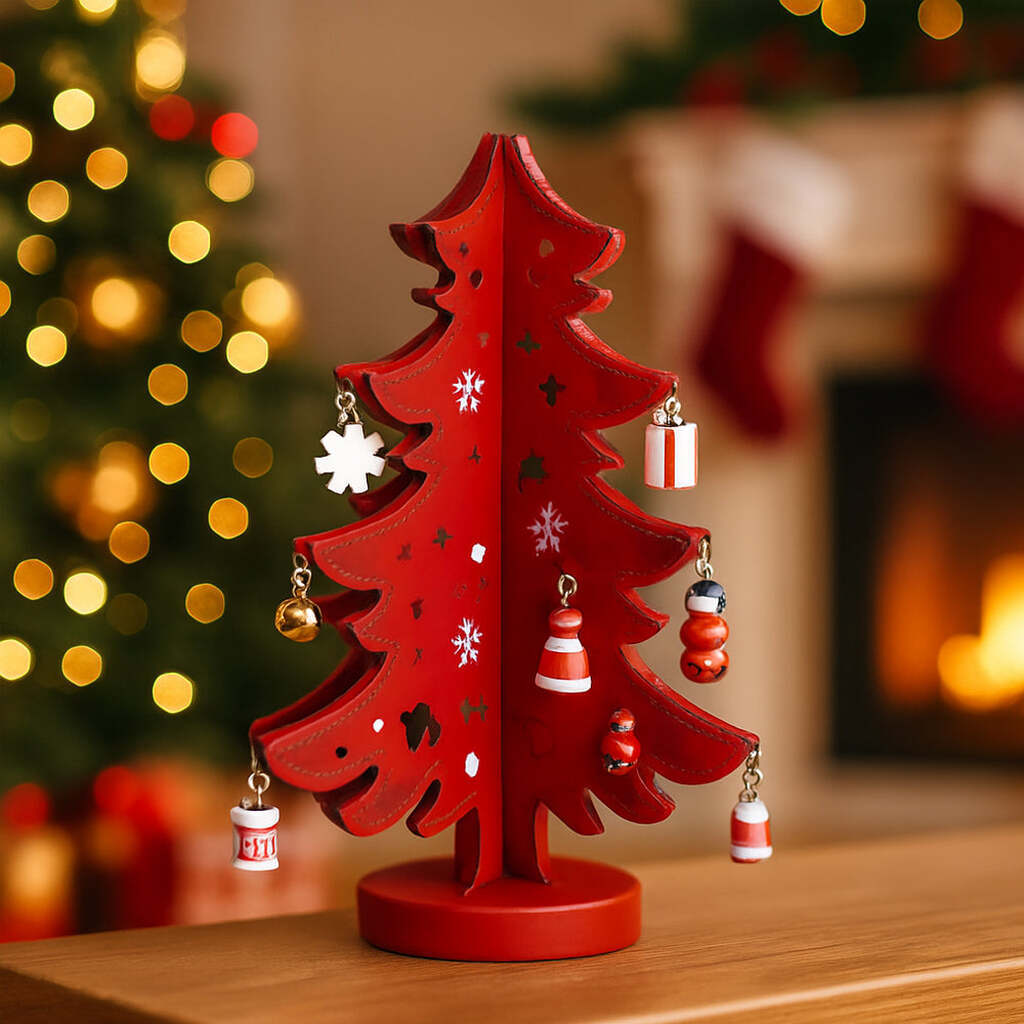 Juletræer i træ  -  hver med 12 håndmalede figurer, rød eller grøn (Højde 19,5 cm.) - Grøn