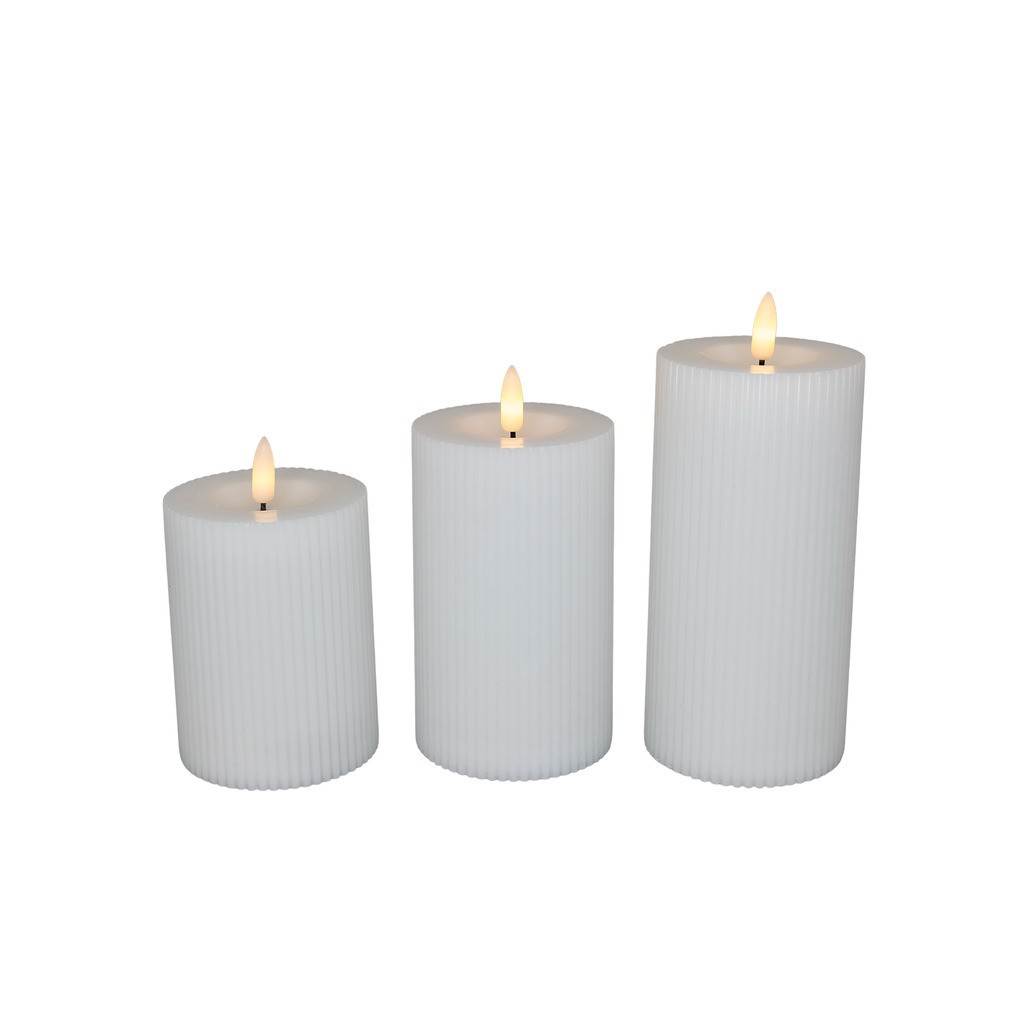 Cozzy bloklys, 3D flamme, hvid rillet, 3 pak inkl. fjernbetjening