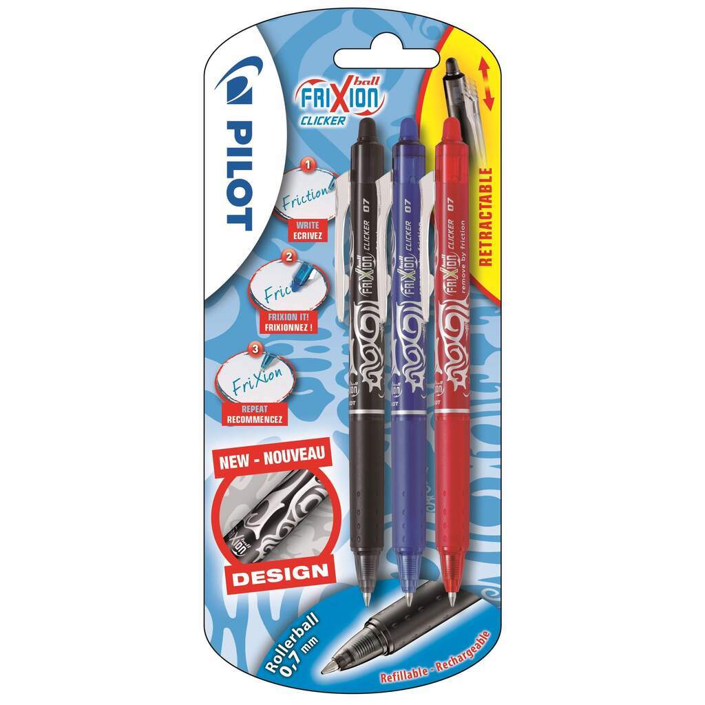Pilot Frixion Clicker m/klik 0,7 Udviskbar Kuglepen, 3 stk,  Ass. farver