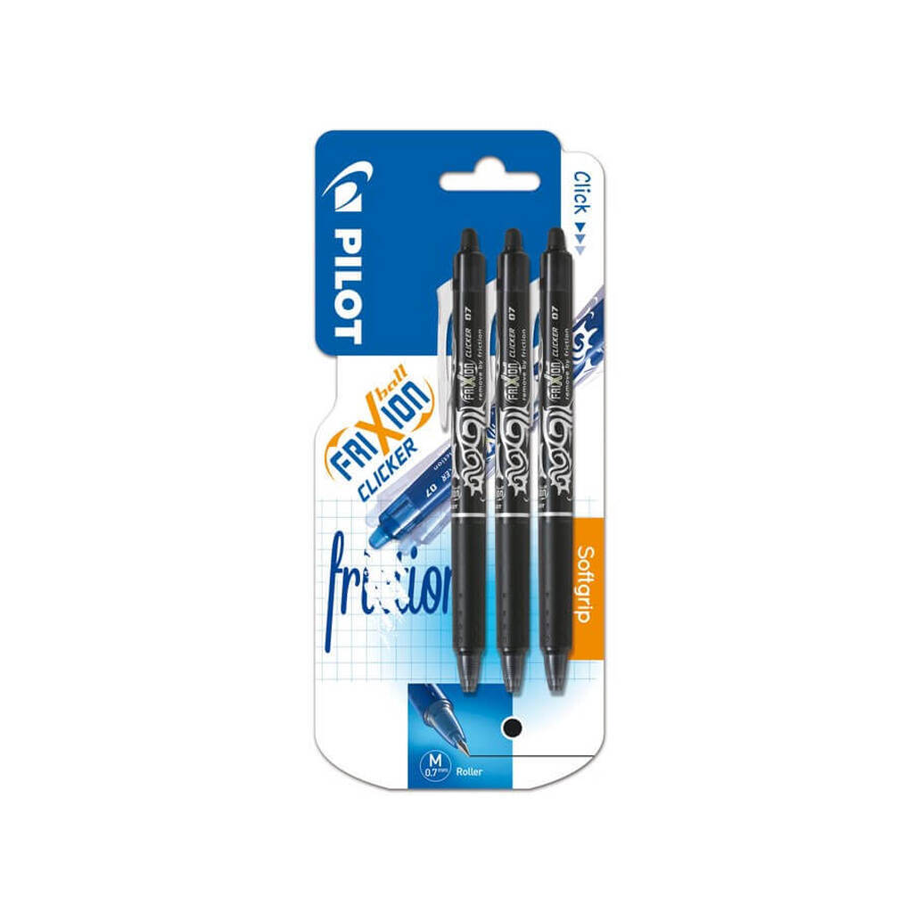 Pilot Frixion Clicker 0,7, Udviskbar Kuglepen 3 stk, Sort
