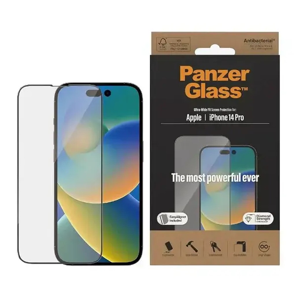 PanzerGlass iPhone 14 Pro Ultra-Wide Fit, Anitbakteriel m. Easyaligner