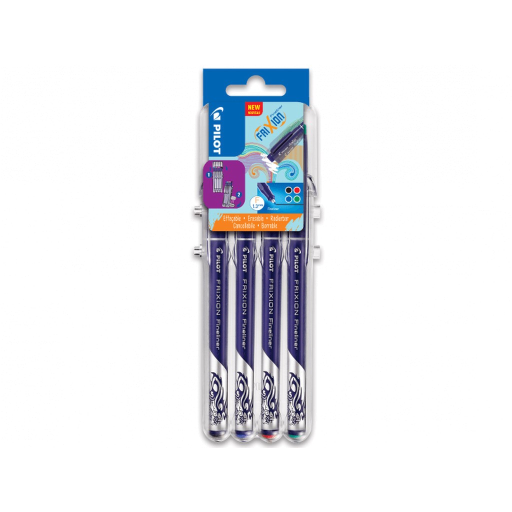 Pilot Frixion Fineliner 1,3mm Basic, ass. farver, 4 stk, udviskbar pen