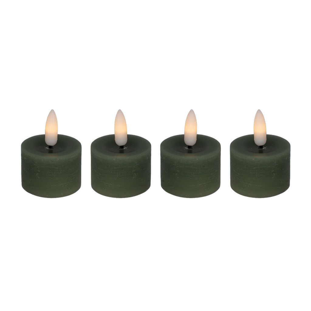 Cozzy fyrfadslys i stearin, 3D flamme, grøn, (bruges med fjernbetjening), 4 stk