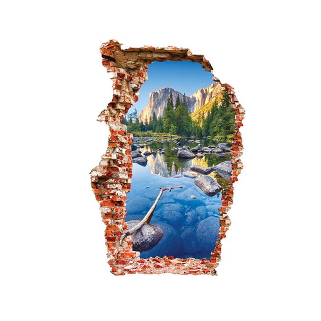 Udsigt til det flotteste bjerglandskab. Hul i væggen wallsticker. 90x60cm.