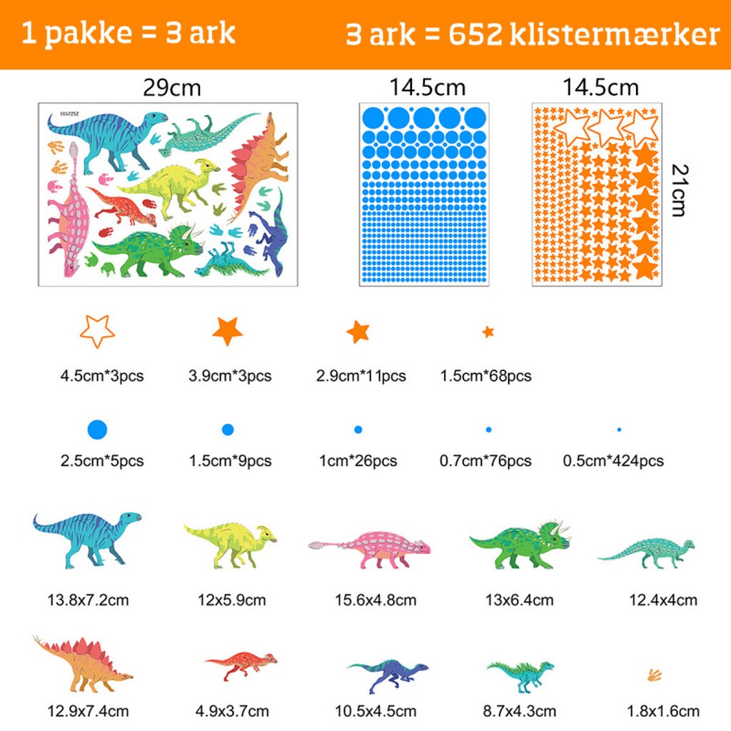 Sej selvlysende wallsticker med dinosaurer, prikker og masser af stjerner. Hele 652 stk.