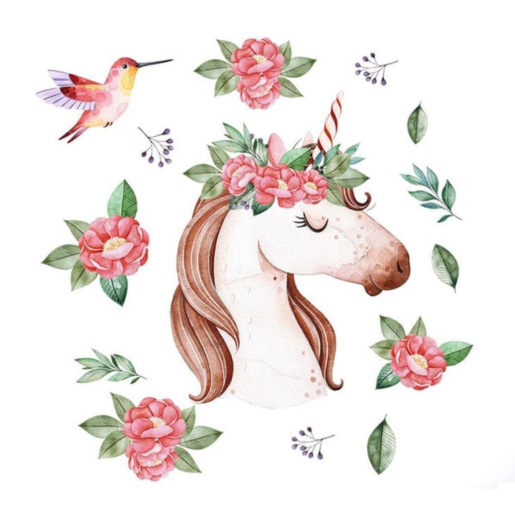 Flot wallsticker med Enhjørning, kolibri og masser af blomster.