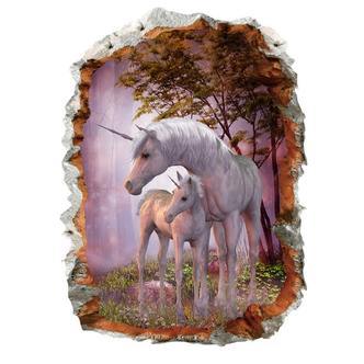 Enhjørning Wallsticker. Mor med sit føl. Hul i væggen. 50x70cm