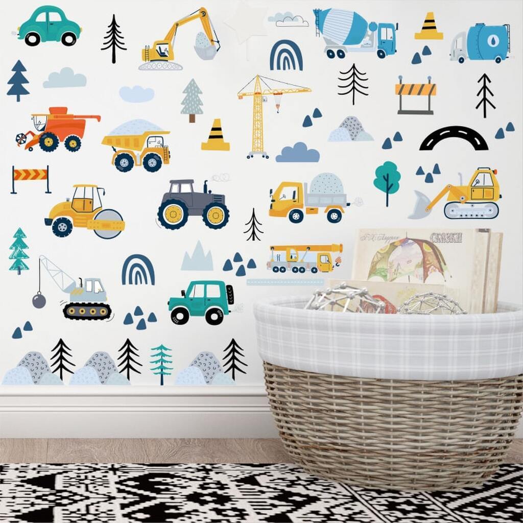Flot wallsticker med transportmidler såsom Gravkøer, Traktorer, Kranbiler, Lastbiler, Kraner mm (90 stk)