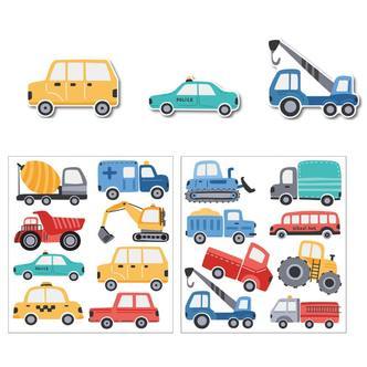 Transportmiddel wallsticker med Biler, Politibiler, Ambulancer, Brandbiler, Traktorer, Lastbiler mm (48 stk)