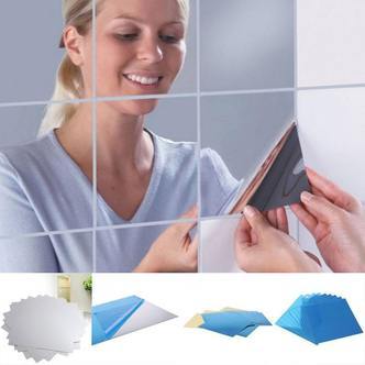 Kvadratiske selvklæbende spejl klistermærker. 15x15cm. 9 stk.