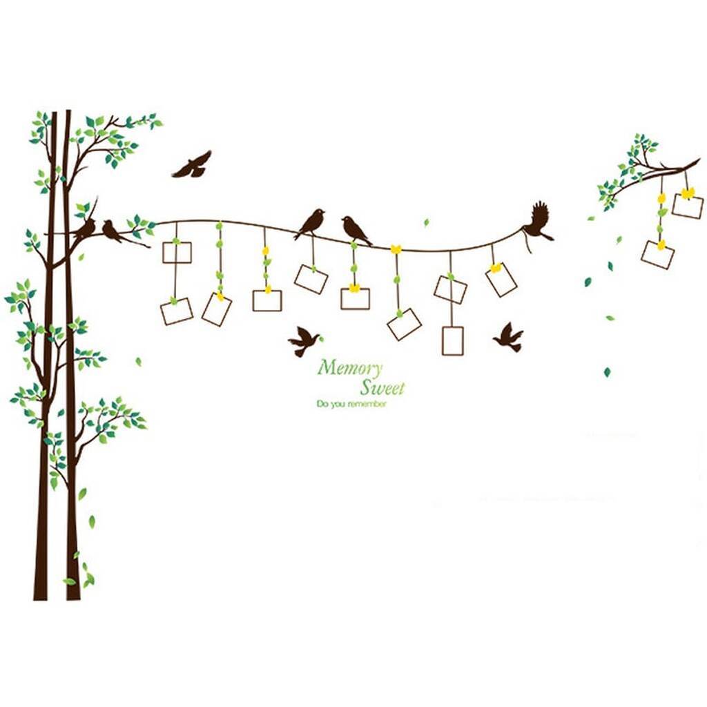 Sød og hyggelig wallsticker med fugle og træer med plads til dine egne fotos.