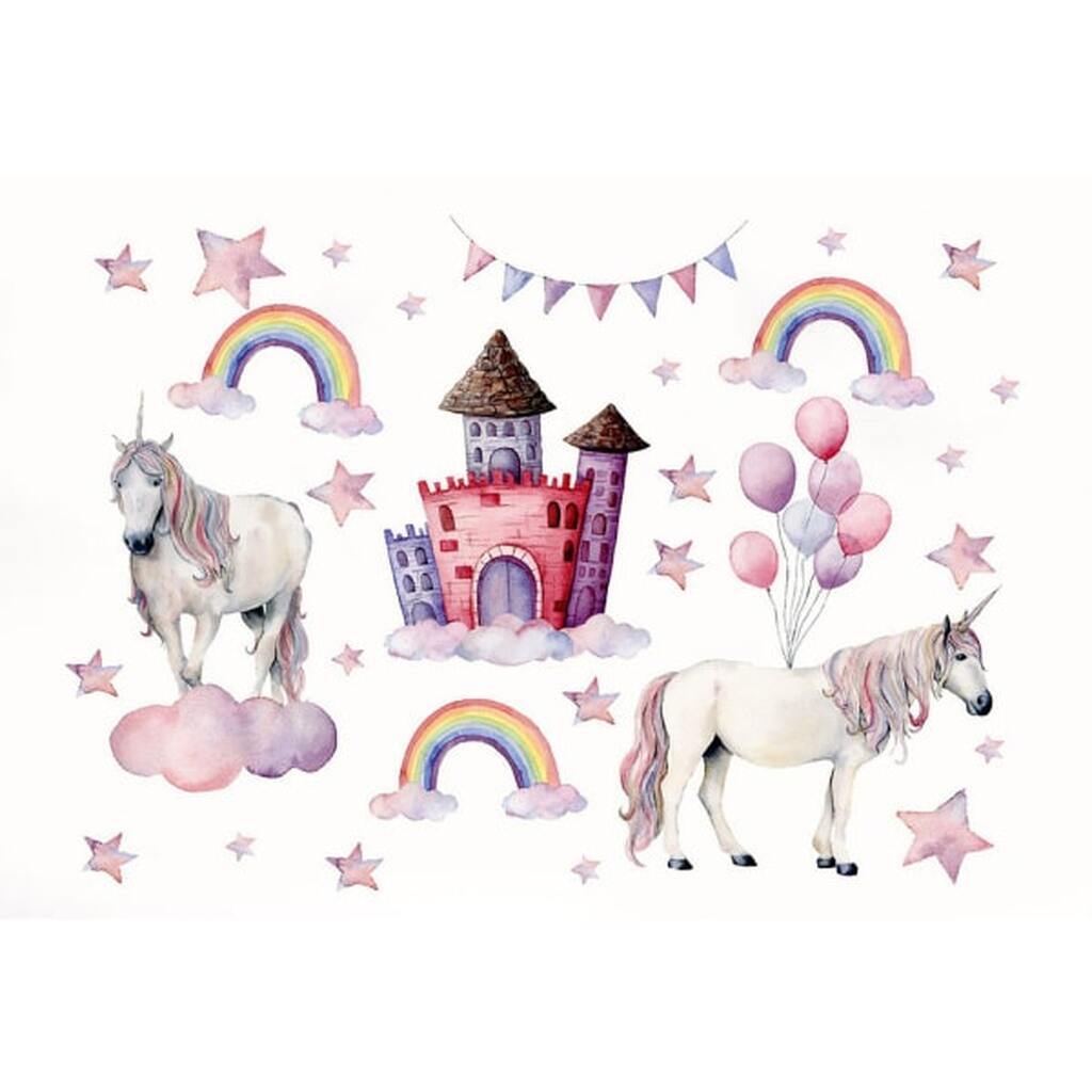 Flot wallsticker med Enhjørninger, regnbuer, slot, balloner mm