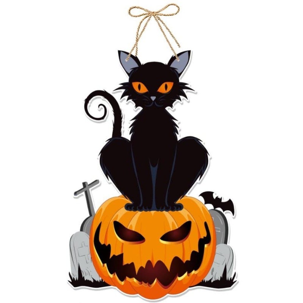 Hængende Halloween Vægdekoration. Sort kat på skræmmende Græskar