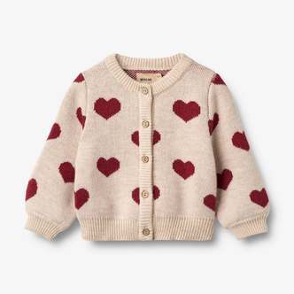Jaquard Cardigan, Hearts, OffWhite, Merino Wool, Wheat