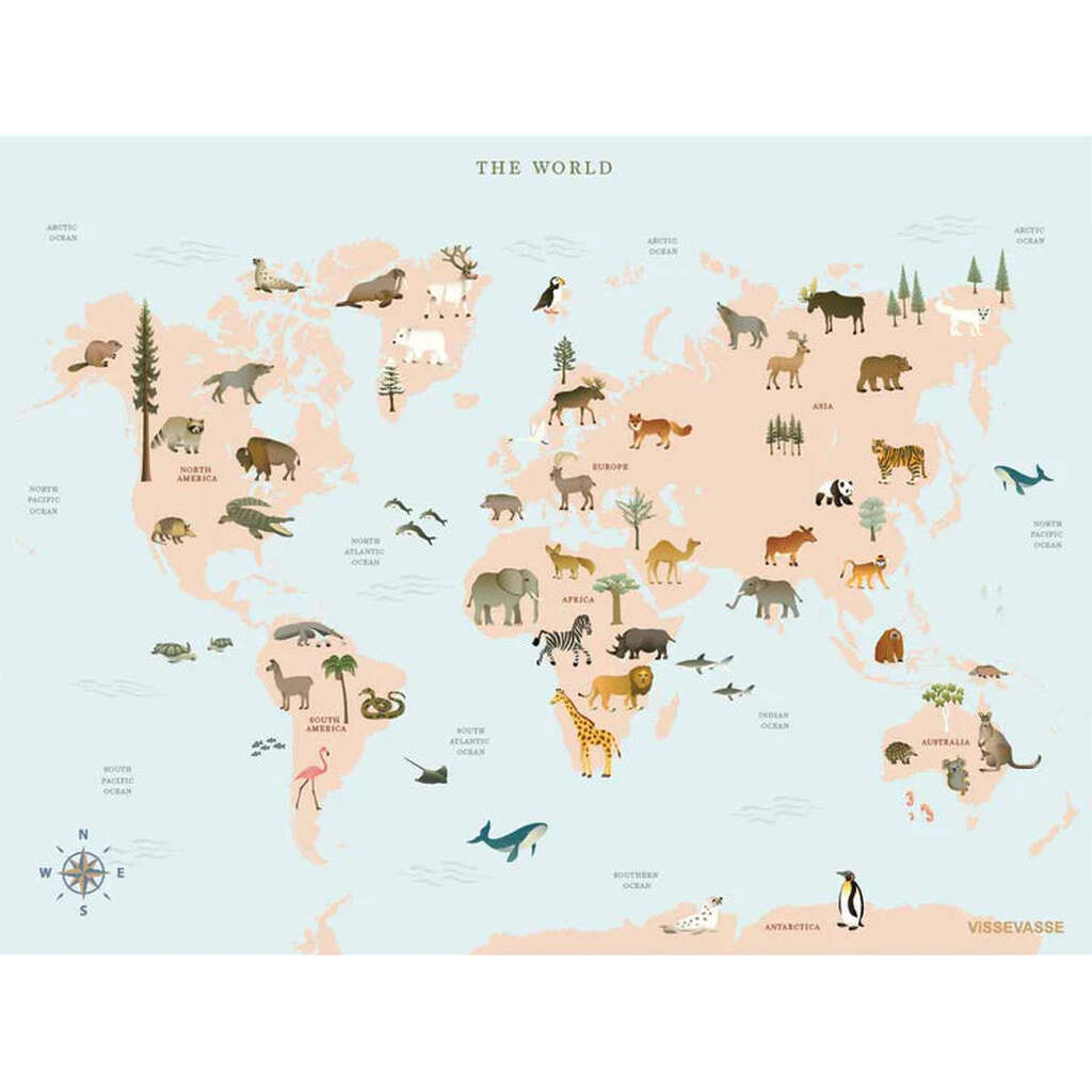 World Map Animal, A6 Kort, ViSSEVASSE