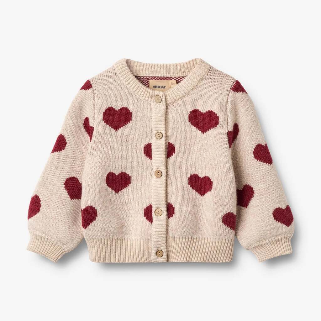 Jaquard Cardigan, Hearts, OffWhite, Merino Wool, Wheat