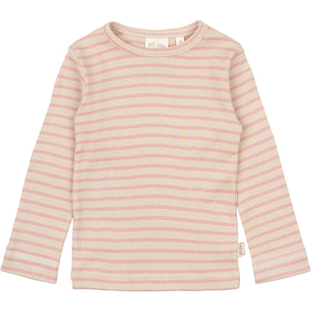 Stribet T-shirt Lange Ærmer, Bright Rose/Dark Off White, Petit Piao