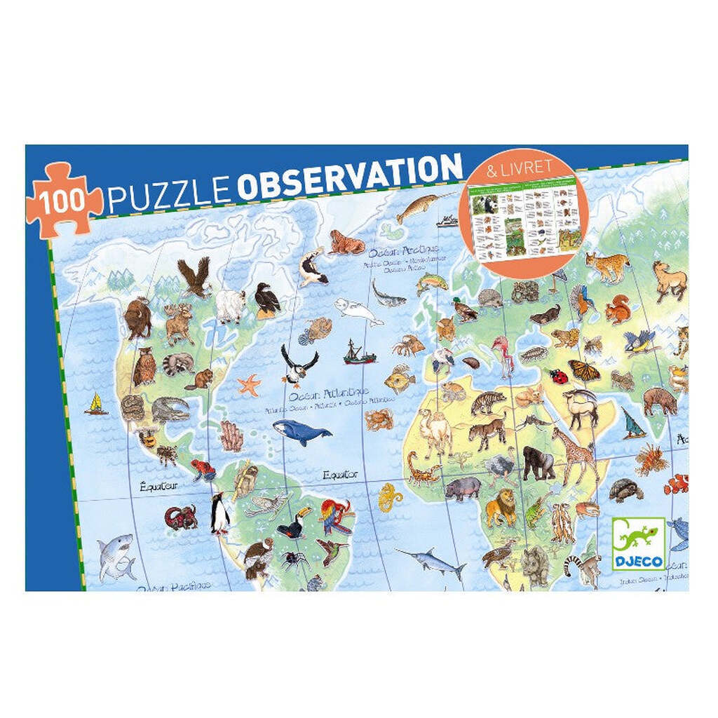 Observationspuslespil Verdens Dyr, 100 brikker, Djeco