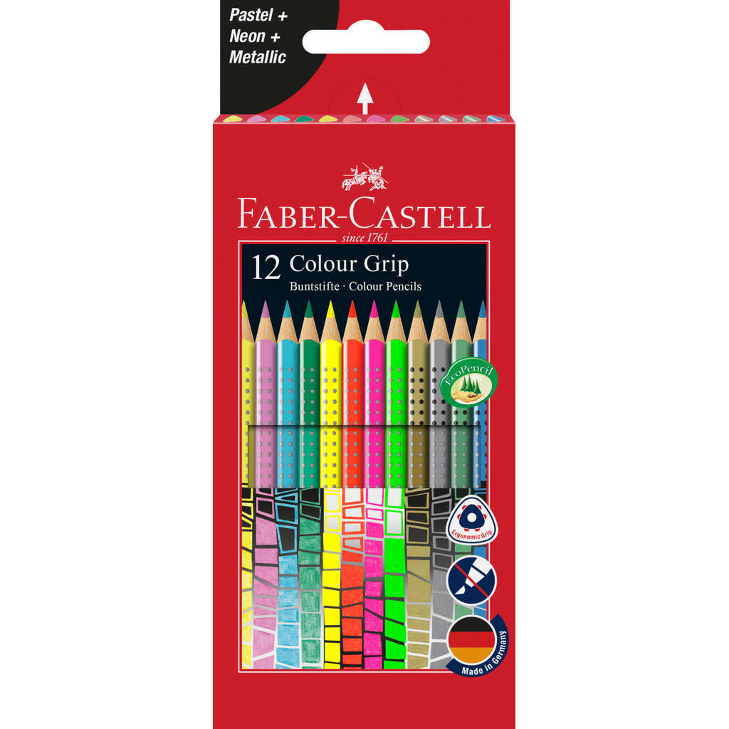 12 Grip Trekantede Farveblyanter, Pastel, Neon, Metallic, 12 Farver, Faber-Castell
