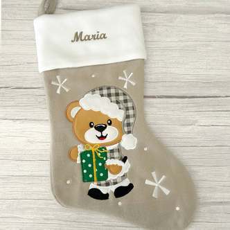 Nyhed - Julesok med navn Grå (Bamse / gave) - Beige