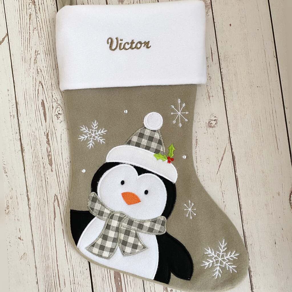 Julesok med navn (Pingvinen / Grå) - Beige