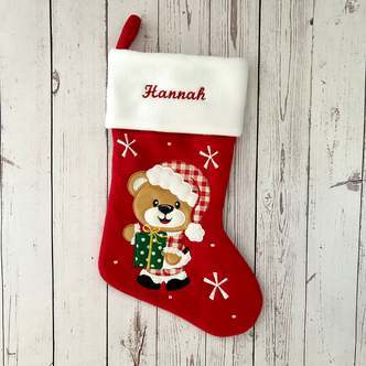 NYHED - Julesok med navn Rød (Bamse / Julegave) - Beige