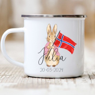 Fødselsdagskop med navn Peter Kanin navn (Lyserød - Norsk flag) - Navn + Dato