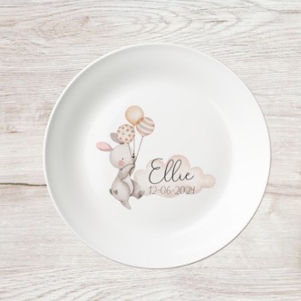 NYHED! Tallerken med navn / personlig tallerken - Kanin Sky - Navn + Dato