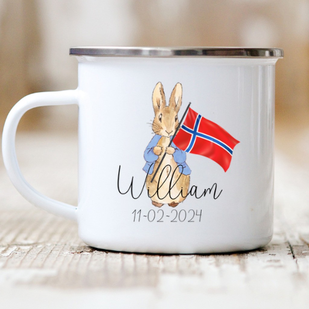 Fødselsdagskop med navn Peter Kanin navn (Blå - Norsk flag) - Navn + Dato